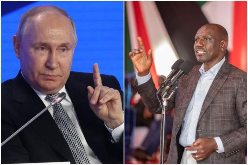 Photo collage of Russian President Vladimir Putin and President William Ruto.